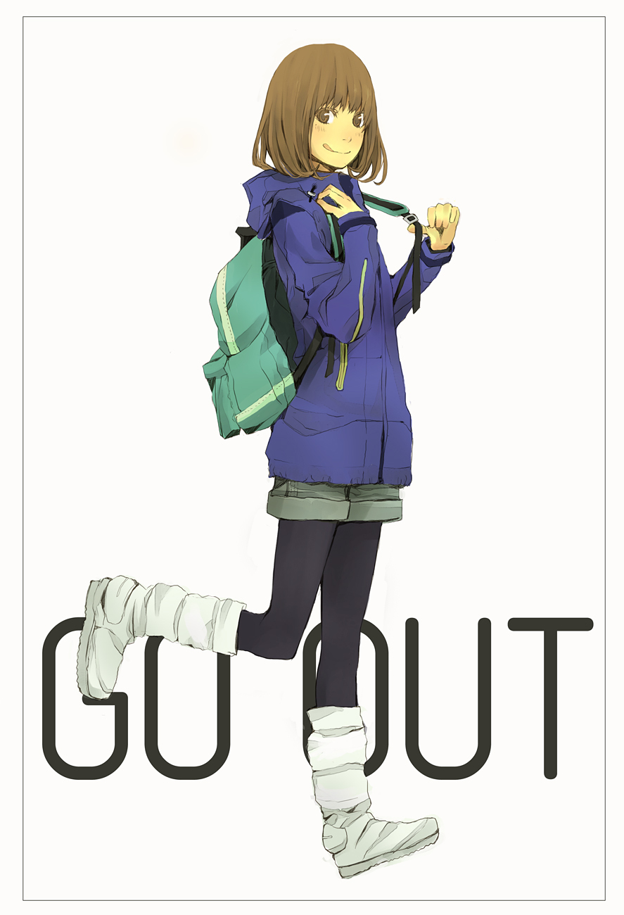 backpack bad_id bad_pixiv_id bag bangs black_legwear blue_coat bookbag boots brown_eyes brown_hair coat english fashion full_body highres hood hood_down hooded_coat long_sleeves looking_at_viewer original pantyhose revision short_hair shorts smile solo standing standing_on_one_leg white_background white_footwear yoshito