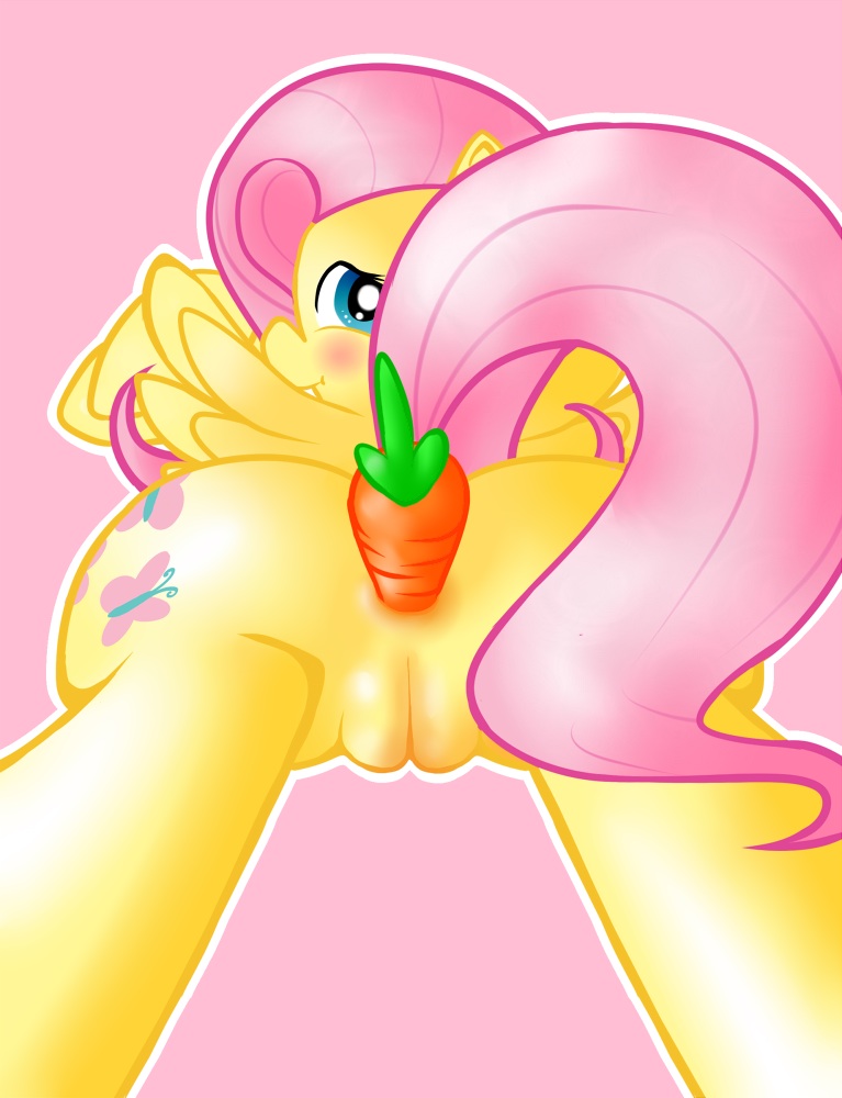 anal anal_insertion anal_penetration anus blue_eyes blush carrot carrot_dildo cutie_mark equine female feral fluttershy_(mlp) food_play friendship_is_magic fur hair horse improvised_dildo insertion looking_back mammal my_little_pony pegasus penetration pink_background pink_hair pinkieinprivate plain_background pony pussy solo wings yellow_fur