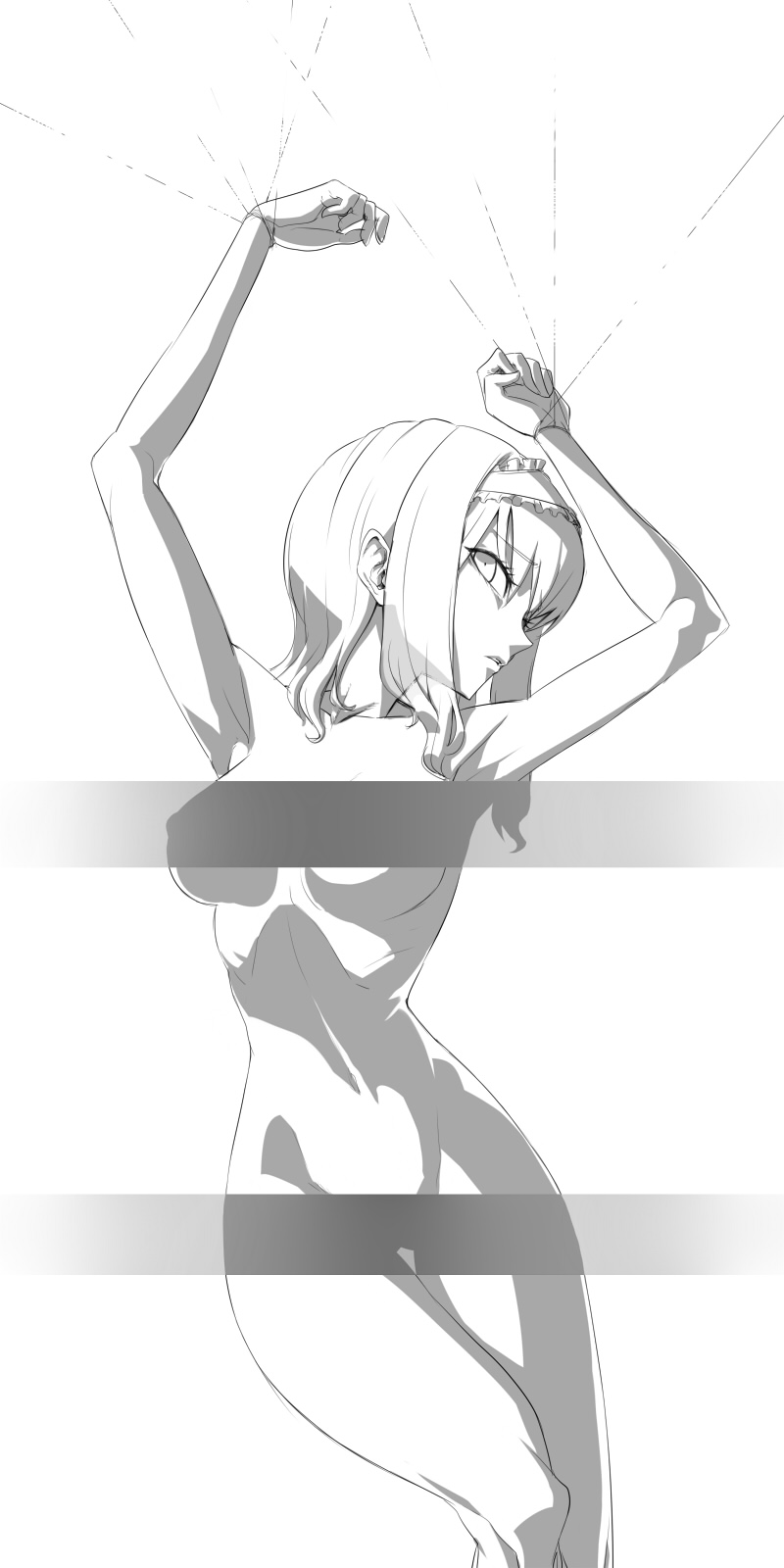 alice_margatroid breasts censored greyscale highres medium_breasts monochrome nude puppet_strings short_hair simple_background solo space_jin touhou white_background