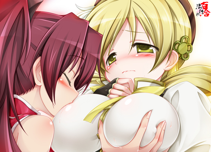 blonde_hair blush breast_grab breast_sucking breast_sucking_through_clothes breasts closed_eyes commentary_request couple drill_hair fingerless_gloves gloves grabbing hair_ornament kemoyuri large_breasts long_hair mahou_shoujo_madoka_magica multiple_girls red_hair sakura_kyouko tomoe_mami twin_drills twintails yellow_eyes yuri