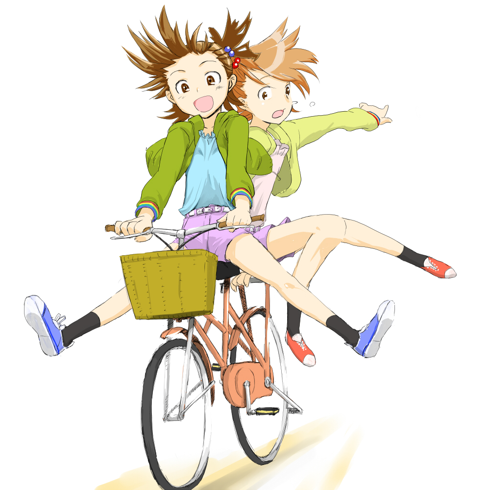 :d bare_legs basket belt bicycle black_legwear brown_eyes brown_hair cif cruiser_bicycle floating_hair futami_ami futami_mami green_jacket ground_vehicle idolmaster idolmaster_(classic) idolmaster_1 jacket long_sleeves matching_outfit multiple_girls multiple_riders open_mouth outstretched_arm pillion riding shoes short_hair shorts siblings side_ponytail sidesaddle smile sneakers socks spread_legs sweatdrop twins white_background