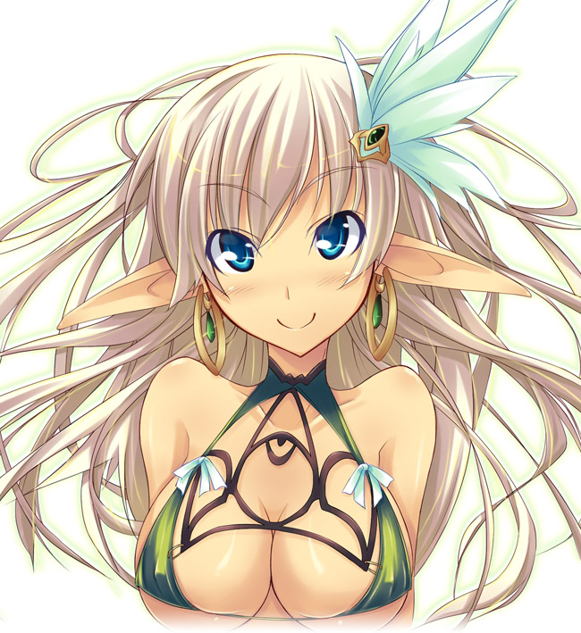 blue_eyes breasts cleavage covered_nipples earrings hair_ornament jewelry large_breasts long_hair original pointy_ears shimakaze smile solo white_hair