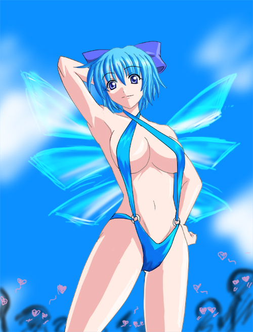 blue_hair cirno gure_(gresaku) older ribbon short_hair slingshot_swimsuit solo swimsuit touhou wings