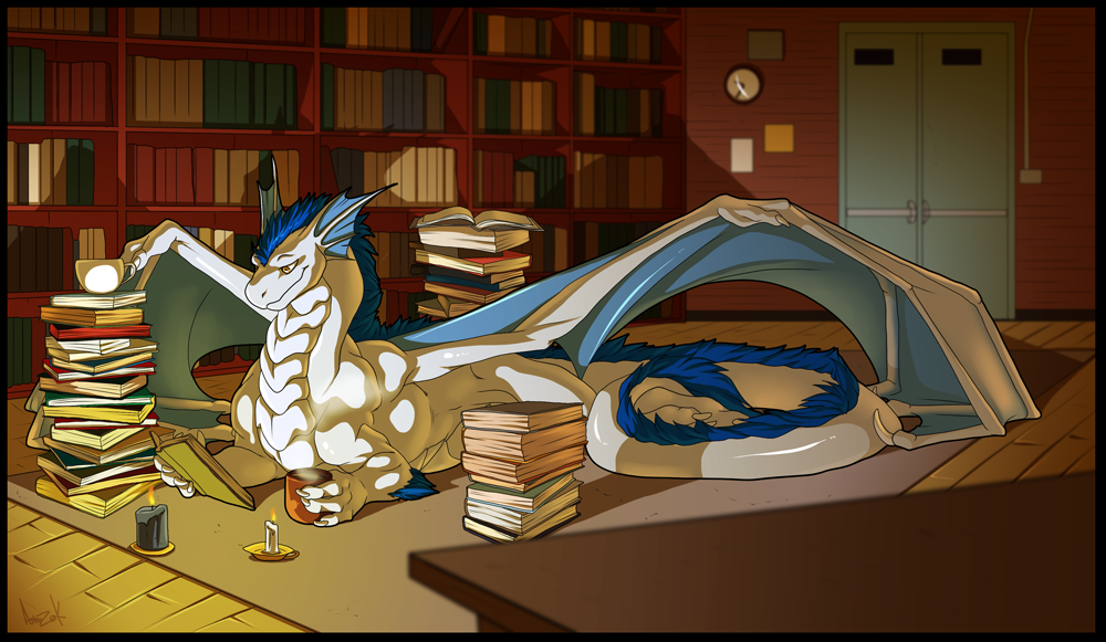 astrozerk04 book bookcase candle clock coffee cup desk dragon fur library lying male reading rooth wings