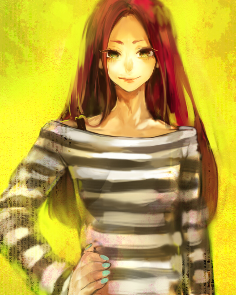 character_request hand_on_hip long_hair male_focus nail_polish original otoko_no_ko red_hair solo striped striped_sweater sweater tcb
