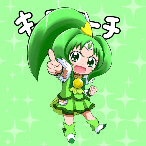 :o bike_shorts bootyan bow bowtie brooch character_name child choker clenched_hand cure_march full_body green green_background green_eyes green_hair green_shorts green_skirt jewelry magical_girl midorikawa_nao pointing ponytail precure shoes short_hair shorts shorts_under_skirt skirt smile smile_precure! solo sparkle translated tri_tails wrist_cuffs younger