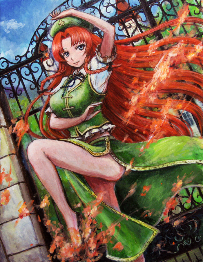 blue_eyes braid fighting_stance gate hat hong_meiling legs long_hair long_legs oil_painting_(medium) red_hair revision scarlet_devil_mansion solo tafuto thighs touhou traditional_media twin_braids