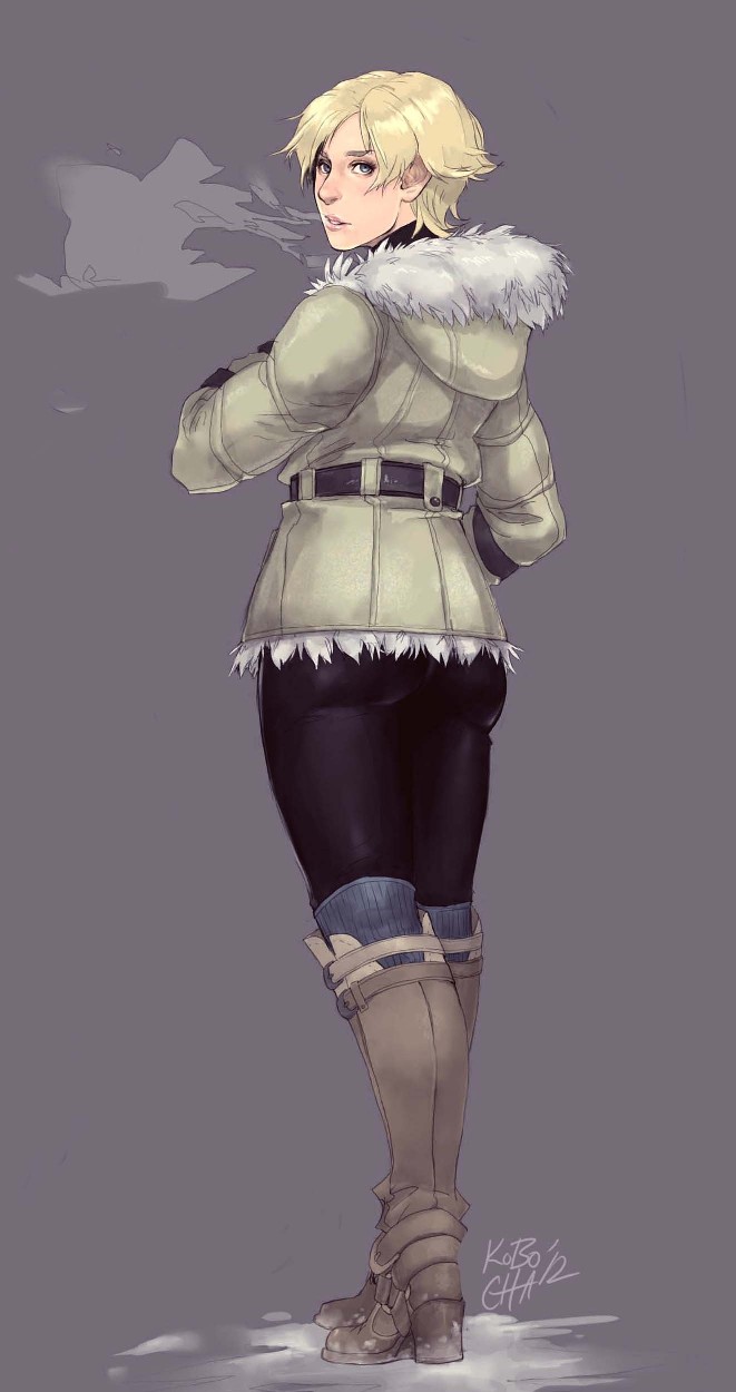 ass blonde_hair blue_eyes boots breath from_behind fur_trim highres hood knee_boots kneehighs kobocha lips looking_back nose pants resident_evil resident_evil_6 sherry_birkin short_hair signature solo winter_clothes