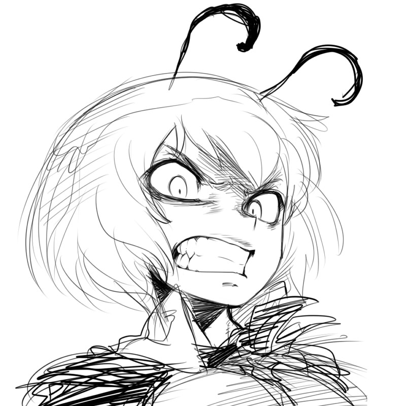 angry antennae bad_id bad_pixiv_id clenched_teeth face greyscale kubrick_stare monochrome scowl simple_background sketch solo space_jin teeth touhou white_background wriggle_nightbug