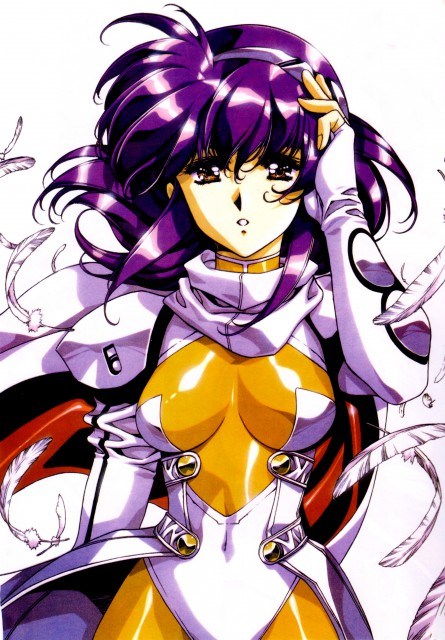 90s bodysuit breasts cape covered_navel feathers lambda_(langrisser) langrisser langrisser_v medium_breasts official_art orange_bodysuit purple_hair solo urushihara_satoshi white_background