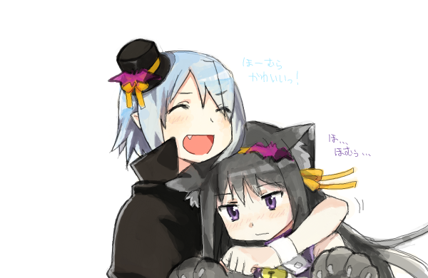 akemi_homura animal_ears arm_around_shoulder bad_id bad_pixiv_id black_hair blue_hair cat_ears cat_paws closed_eyes costume fang hair_ribbon halloween hat kemonomimi_mode long_hair mahou_shoujo_madoka_magica miki_sayaka mini_hat mini_top_hat multiple_girls open_mouth paws purple_eyes ribbon smile top_hat vampire yoplait