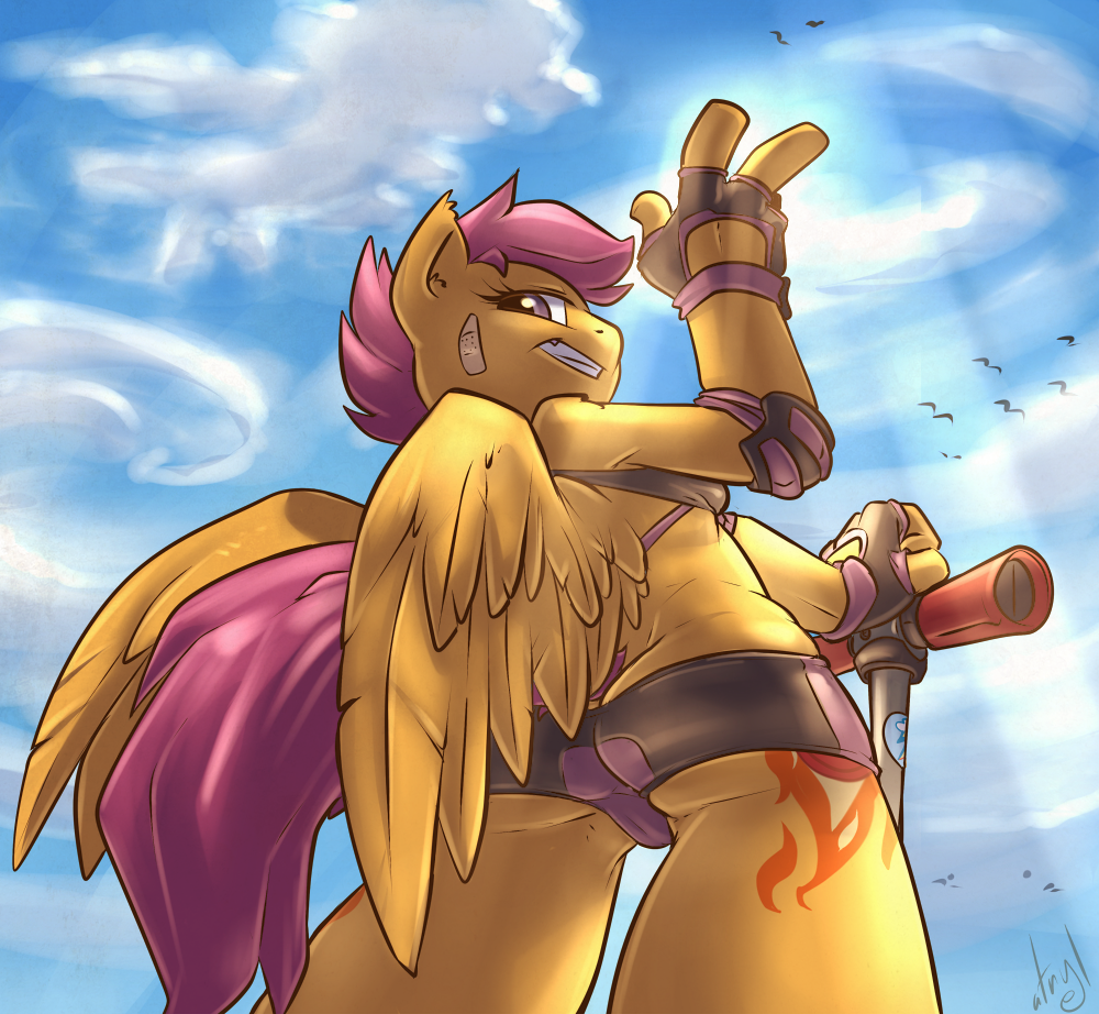 anthro anthrofied atryl camel_toe cloth clothed clothing cutie_mark elbow_pads equine female fingerless_gloves friendship_is_magic fur gloves hair horse looking_at_viewer looking_down low-angle_shot mammal my_little_pony orange_fur outside pegasus plaster pony purple_eyes purple_hair scootaloo_(mlp) scooter short skimpy smile solo tomboy tumblr v_sign wing_boner wings worm's_eye_view