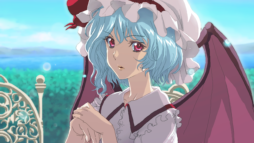 anime_coloring bat_wings blue_hair day face hat matsudo_aya nature ocean red_eyes remilia_scarlet revision scenery short_hair sky solo touhou upper_body wings