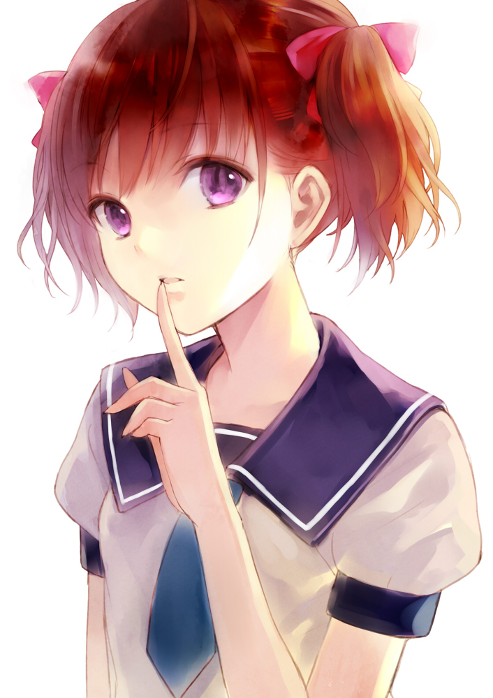 brown_hair finger_to_mouth fukahire_(ruinon) hair_ribbon original purple_eyes ribbon school_uniform solo twintails upper_body white_background