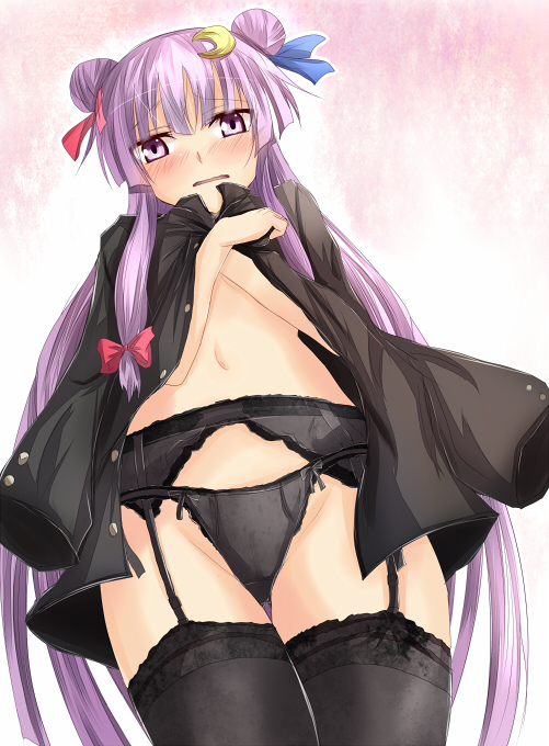 black_legwear black_panties blush crescent crescent_hair_ornament double_bun from_below garter_belt hair_ornament jacket_on_shoulders lace lace-trimmed_thighhighs lingerie navel panties patchouli_knowledge purple_eyes purple_hair ram_hachimin revision solo thighhighs topless touhou underwear