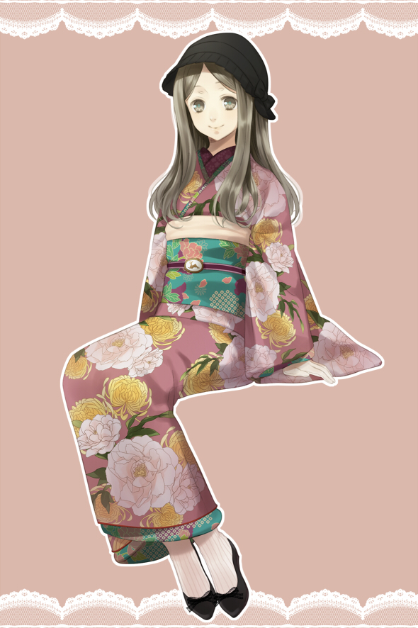brown_eyes brown_hair eto_ichika floral_print hat japanese_clothes kimono obi original sash sitting smile socks solo