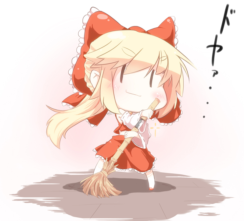 bamboo_broom blade blonde_hair bow broom chibi cosplay detached_sleeves goliath_doll hair_bow hakurei_reimu hakurei_reimu_(cosplay) long_hair mochinabe ponytail skirt skirt_set smile solo touhou |_|