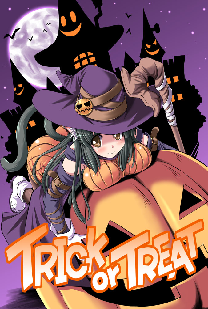1girl animal_ears ass belt bent_over blush boots breast_press breasts brown_eyes castle cat_ears cat_tail detached_sleeves english gloves green_hair halloween hat huge_breasts jack-o'-lantern jack-o'-lantern large_breasts leaning_forward long_hair milk_(tongpoo) milk_(tonpuu) original pantyhose pumpkin smile solo staff tail tonpuu top-down_bottom-up trick_or_treat witch witch_hat