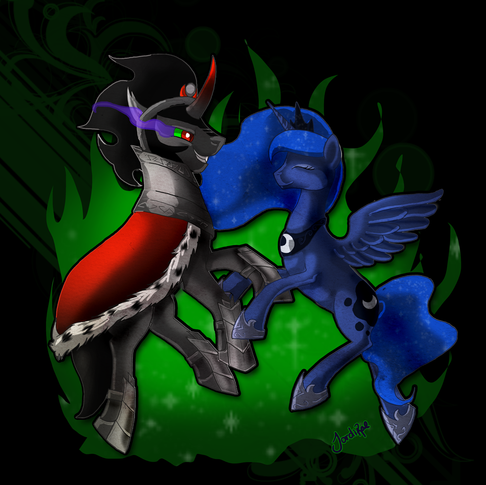 armor black_hair cape couple crown cutie_mark duo equine eye_mist eyes_closed fangs female feral flying friendship_is_magic hair horn horse king_sombra_(mlp) magic male mammal moon my_little_pony necklace pony princess_luna_(mlp) red_eyes signature slit_pupils unicorn winged_unicorn wings xxmoonwish