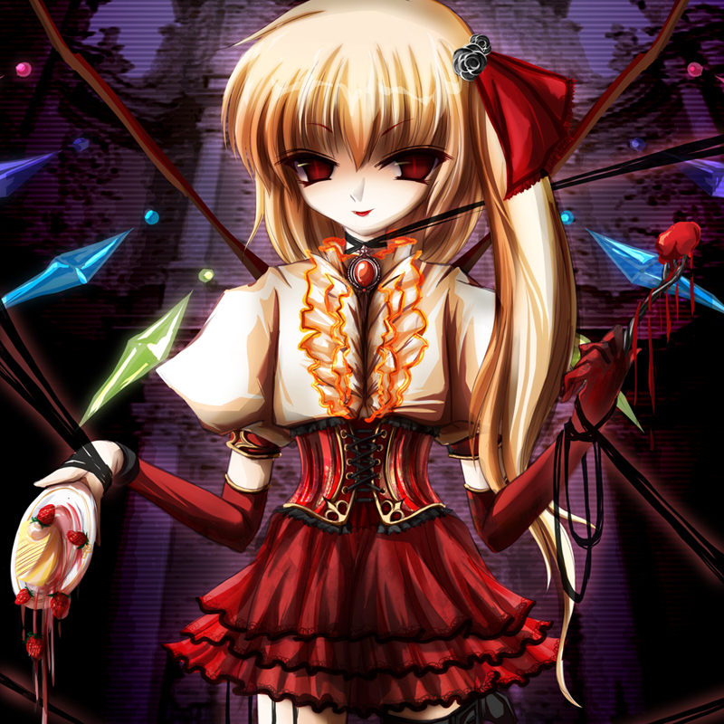 adapted_costume alternate_hair_length alternate_hairstyle bad_id bad_pixiv_id corset flandre_scarlet food frills hair_ribbon jewelry long_hair necklace ponytail red_eyes ribbon skirt solo sweets tiffaco touhou wings