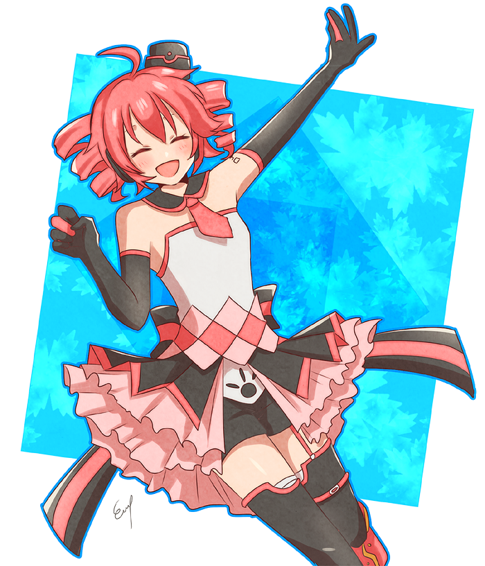 1girl arms_up bare_shoulders blush dress drill_hair dutch_angle elbow_gloves eyes_closed feet_out_of_frame frilled_skirt frills garter_straps gloves hat headphones kasane_teto leaf leg_up necktie np_eny outstretched_arm red_hair ribbon short_hair shorts shoulder_tattoo simple_background skirt sleeveless sleeveless_dress smile solo square tattoo thighhighs utau white_background zettai_ryouiki