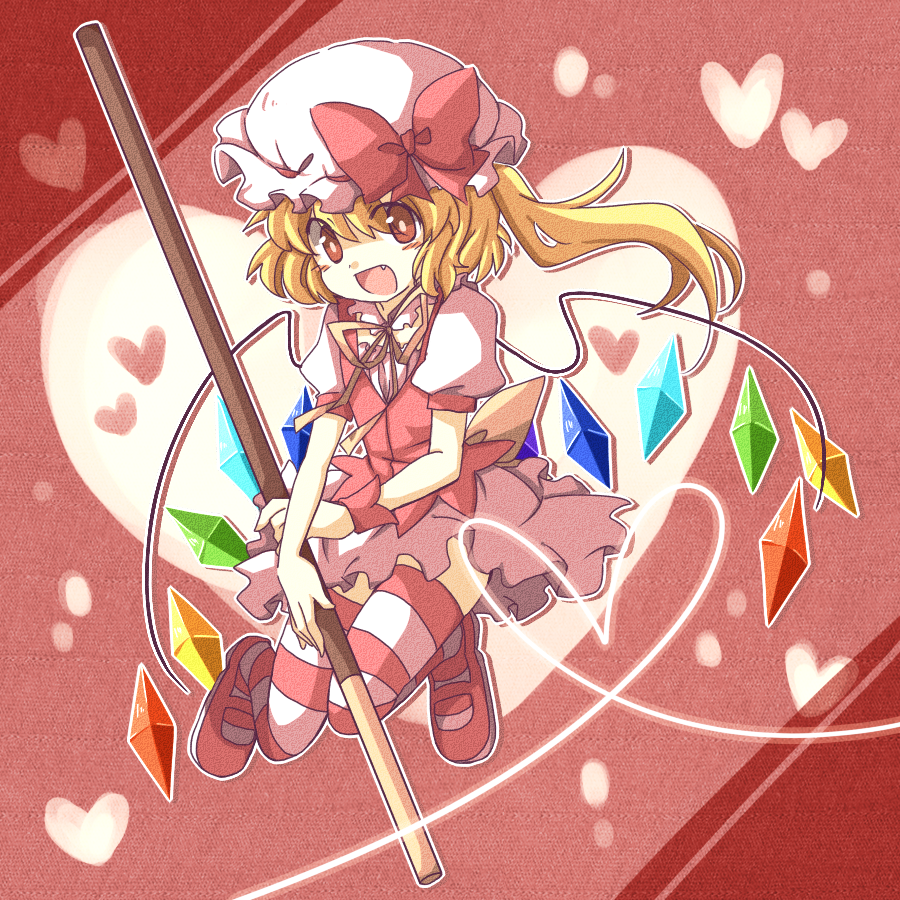 ascot blonde_hair blush crystal fang flandre_scarlet food hat hat_ribbon heart naruno_kaede open_mouth pocky red_eyes ribbon short_hair side_ponytail skirt smile solo striped striped_legwear thighhighs touhou wings
