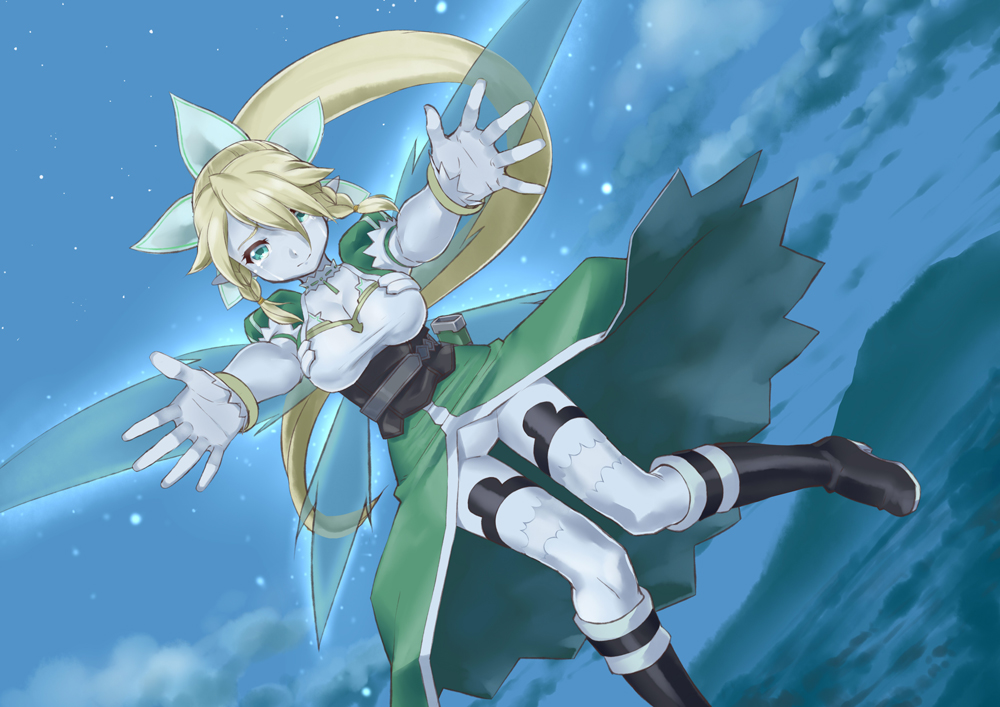 bad_id bad_pixiv_id blonde_hair blush boots braid breasts cleavage elf fairy_wings green_eyes large_breasts leafa long_hair outstretched_arms pointy_ears ponytail rin2008 smile solo sword_art_online tears thighhighs twin_braids wings
