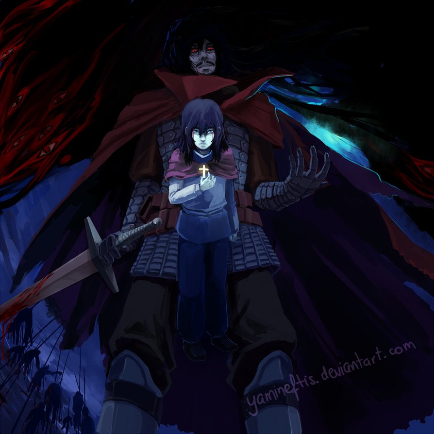 adult alucard_(hellsing) armor artist_request beard black_hair blood blue_eyes cape child cross facial_hair gloves hellsing multiple_persona older red_eyes stubble sword weapon white_gloves young younger