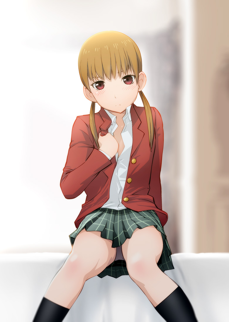 black_legwear blazer blurry blush brown_hair depth_of_field dress_shirt indoors jacket looking_at_viewer mizutani_shizuku open_clothes open_jacket panties pantyshot pantyshot_(sitting) plaid plaid_skirt pleated_skirt red_eyes school_uniform shirt sitting skirt socks solo tonari_no_kaibutsu-kun twintails ueyama_michirou unbuttoned underwear white_panties