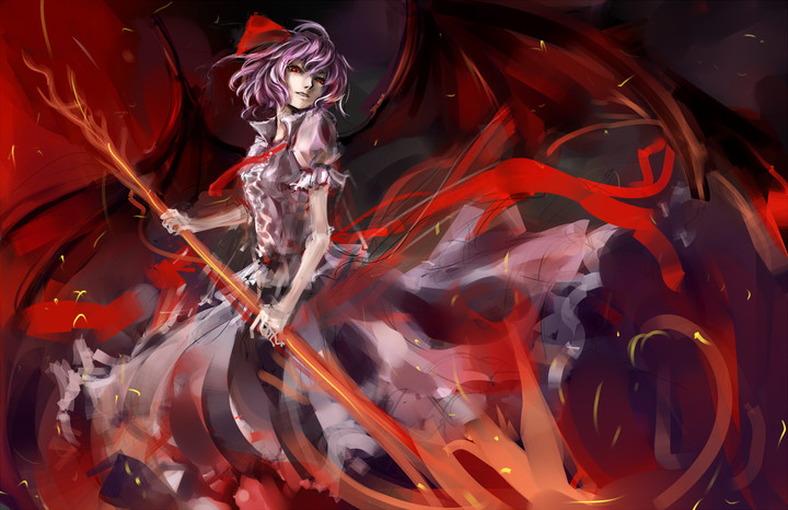 bad_id bad_tinami_id blue_hair bonnet dress fire hat red_eyes remilia_scarlet ribbon solo touhou vampire weapon wings