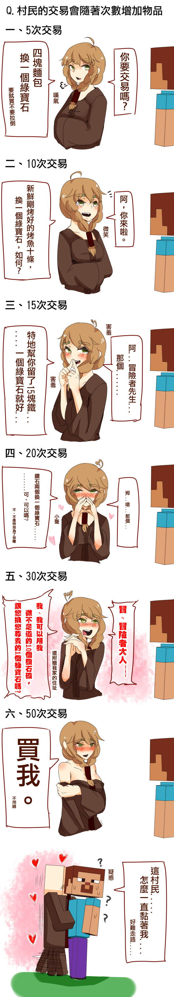 ? absurdres ahoge at2. bare_shoulders blush braid breasts brown_hair chinese comic drooling front_ponytail green_eyes hair_tubes hands_clasped hands_in_opposite_sleeves heart heart_ahoge highres long_image medium_breasts minecraft own_hands_together robe_slip steve? tall_image translated tsundere twin_braids villager_(minecraft) villagers