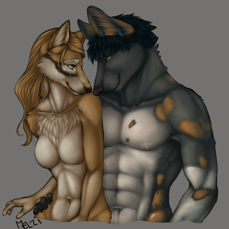 african_wild_dog biceps black_fur black_hair body_markings bottomless breasts brown_fur brown_hair canine cashen chest_tuft clothed clothing couple eye_contact female fur green_eyes grey_fur gripping hair half-dressed holding love male mammal markings melzi muscles navel nipples nude pecs plain_background spots standing toned topless tuft white_fur wolf
