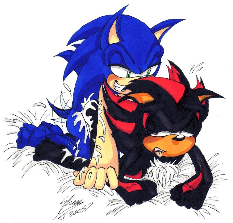 anal anal_penetration anthro black blue_hair chest_tuft cum gay gloves green_eyes hair hedgehog male open_mouth penetration penis plain_background red_eyes sega sex shadow_the_hedgehog sonic_(series) sonic_the_hedgehog tongue