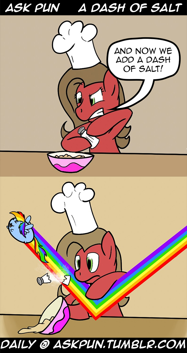ask_pun batter bowl brown_hair chef_hat comic dialog duo english_text equine female feral friendship_is_magic green_eyes hair horse humor mammal multi-colored_hair my_little_pony pony pun pun_pony rainbow rainbow_dash_(mlp) rainbow_hair salt salt_shaker text tumblr