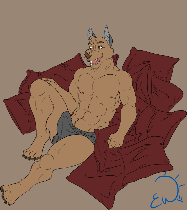 abs anthro balls bat biceps big_muscles brown_fur bulge claws erection exawolf fangs fur grey_eyes lying male mammal muscles nipples open_mouth pecs penis pillow pose sitting solo teeth toe_claws tongue topless underwear vamp_(character)