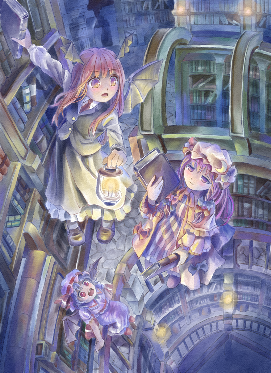 bad_id bad_pixiv_id bat_wings blue_hair blush book bookshelf candle crescent dress floating hat head_wings highres implied_pantyshot jitome koakuma lantern library long_hair long_sleeves looking_up multiple_girls nagayo necktie open_mouth patchouli_knowledge purple_eyes purple_hair red_eyes red_hair remilia_scarlet revision ribbon room short_hair sitting skirt smile touhou voile wings