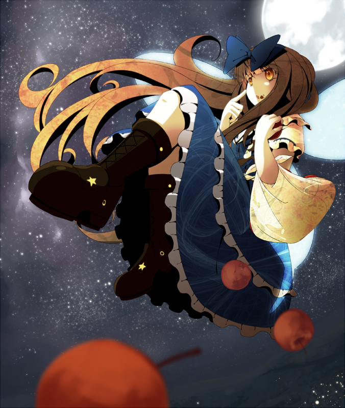 apple boots brown_hair cross-laced_footwear dress food fruit hair_ornament lace-up_boots long_hair moon night open_mouth ryuu_(tsukinoyuki) sky solo star_(sky) star_sapphire touhou very_long_hair wide_sleeves yellow_eyes