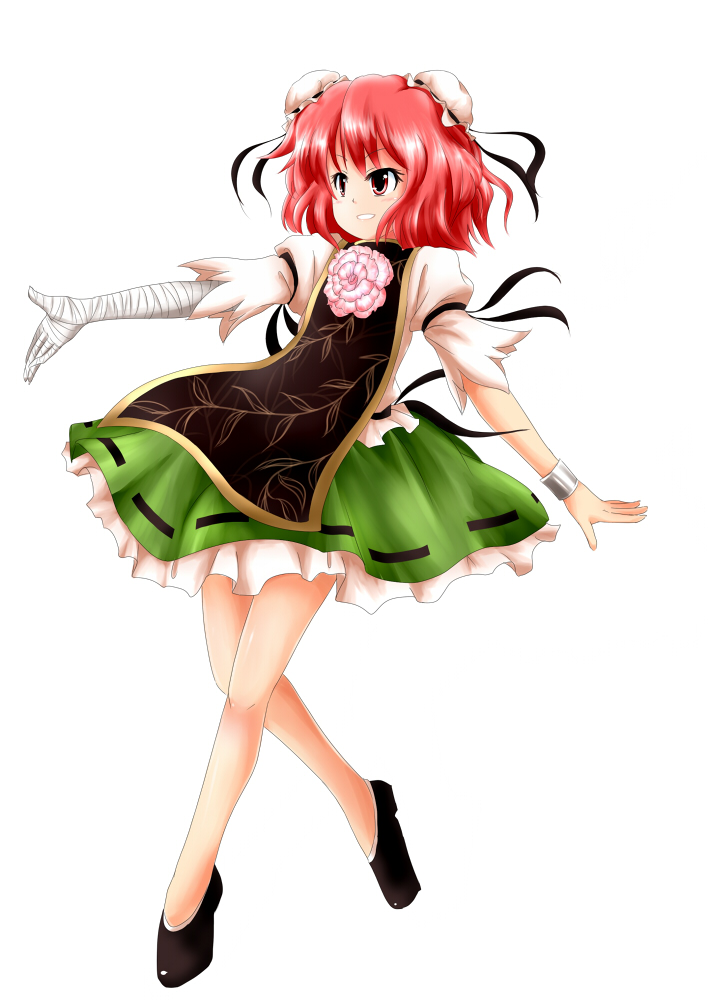bandages blush bracelet double_bun flower full_body hair_ornament huyusilver ibaraki_kasen jewelry oota_jun'ya_(style) outstretched_arm pink_hair red_eyes shoes short_hair short_sleeves simple_background skirt smile solo tabard touhou white_background