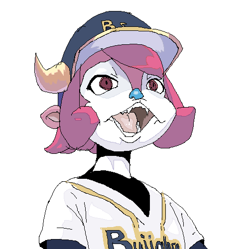 baseball_cap blue_nose bovine buffalo buffalo_bell clothing creepy female hair hat horn mammal mascot open_mouth pink_hair plain_background red_eyes solo teeth tongue transparent_background unknown_artist