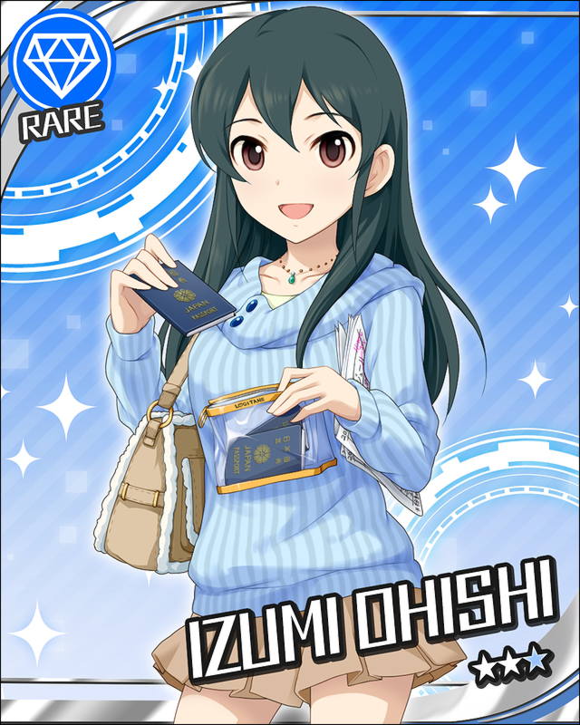 :d artist_request bag black_hair blouse blue_background brown_eyes card_(medium) character_name diamond_(symbol) handbag idolmaster idolmaster_cinderella_girls jewelry long_hair necklace official_art ooishi_izumi open_mouth passport skirt smile solo striped vertical_stripes