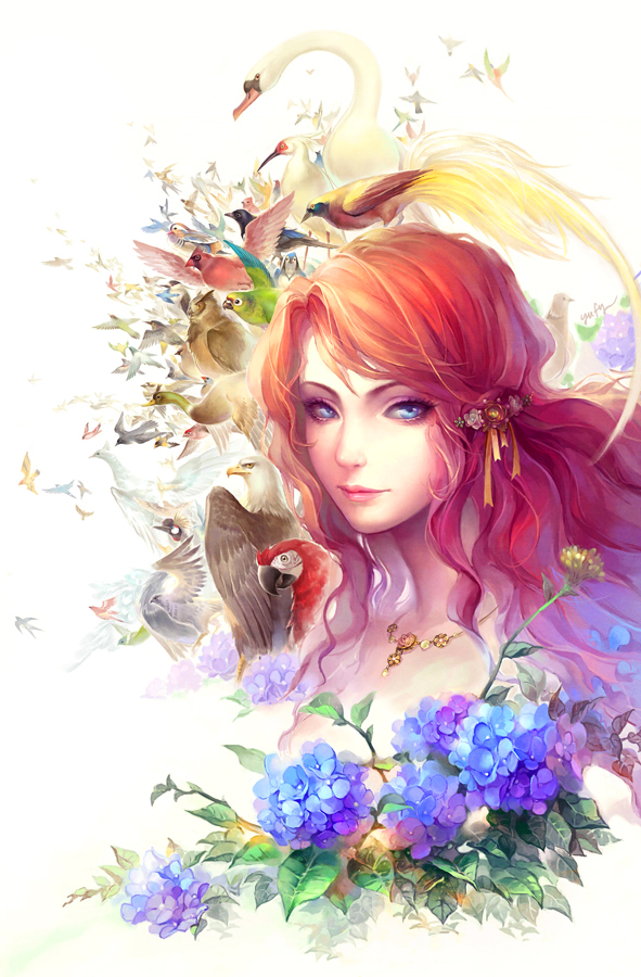 bird blue_eyes flower hair_ornament hawk jewelry leaf long_hair looking_at_viewer necklace original owl ponytail red_hair smile sparrow yufy