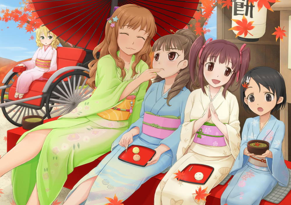 black_eyes black_hair blonde_hair brown_eyes brown_hair hair_ornament hair_ribbon hairband idolmaster idolmaster_cinderella_girls japanese_clothes kamiya_nao kimono leaf leaf_hair_ornament lolita_hairband moroboshi_kirari multiple_girls obi ogata_chieri ribbon sakurai_momoka sasaki_chie sash star star_hair_ornament twintails wheelchair yuo0