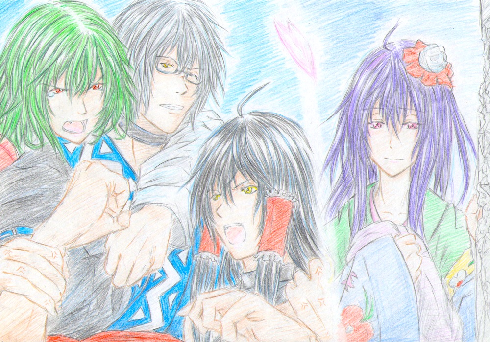 3girls ahoge bad_id bad_pixiv_id choker colored_pencil_(medium) glasses green_hair hair_ornament hair_tubes heart hetero hieda_no_aya hug hug_from_behind japanese_clothes kazami_yuuka kimono long_hair m.u.g.e.n morichika_rinnosuke multiple_girls nontraditional_miko original red_eyes sendai_hakurei_no_miko short_hair silver_hair tears touhou traditional_media wince yellow_eyes you_(esparda)