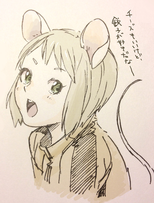 abe_(f!mixture) animal_ears bad_id bad_pixiv_id blonde_hair bruce_lee's_jumpsuit green_eyes huang_baoling kemonomimi_mode mixed_media mouse_ears mouse_tail short_hair solo tail tiger_&amp;_bunny translation_request