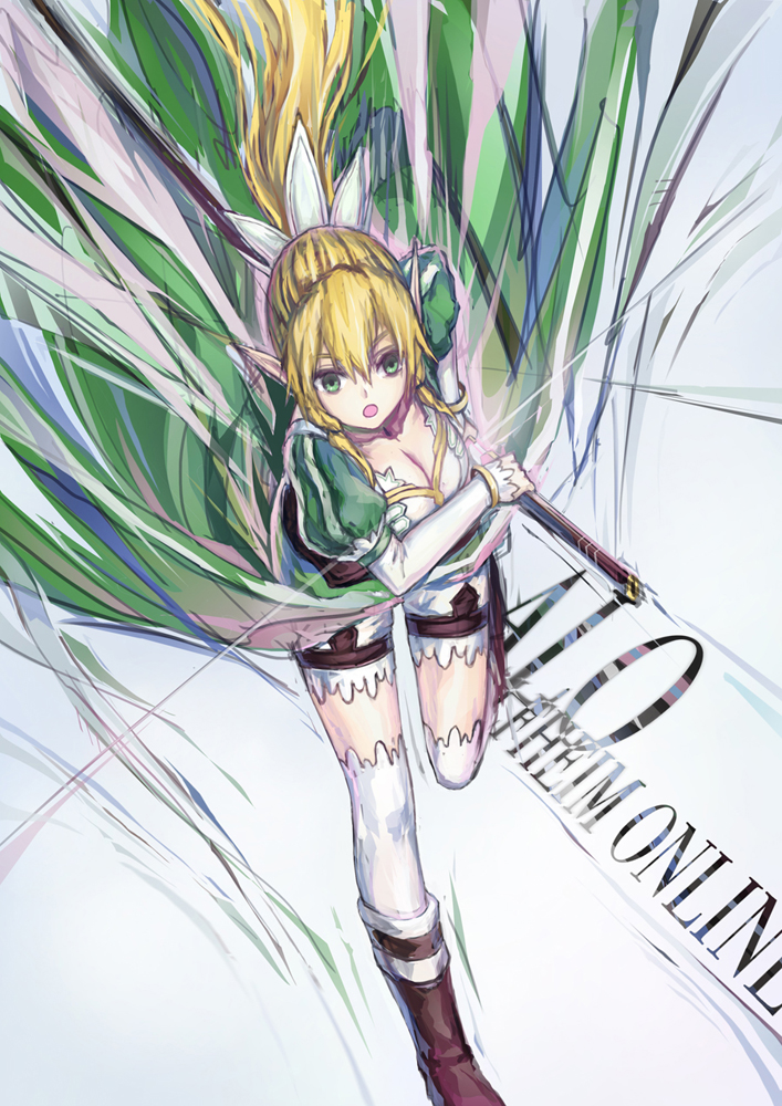:o blonde_hair boots braid breasts cleavage green_eyes jjwww_love leafa long_hair medium_breasts pointy_ears ponytail sheath sheathed solo sword sword_art_online thighhighs twin_braids weapon