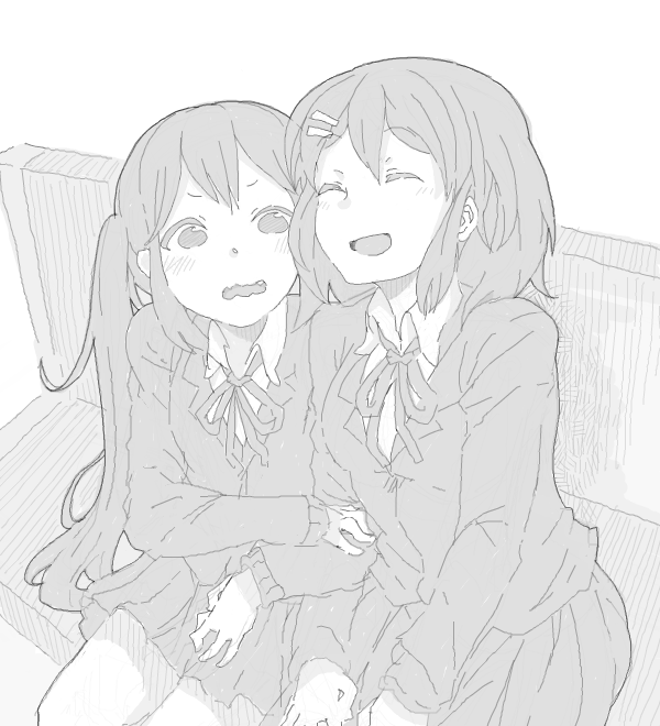 blush closed_eyes greyscale hirasawa_yui k-on! kuzu_kow long_hair monochrome multiple_girls nakano_azusa open_mouth sakuragaoka_high_school_uniform school_uniform short_hair skirt smile