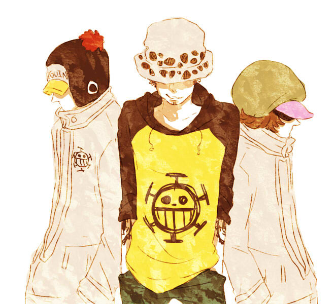 back-to-back cabbie_hat earflap_hat earrings hands_in_pockets hat hat_over_eyes hat_pompom heart_pirates hood hoodie jewelry jolly_roger jumpsuit male male_focus multiple_boys one_piece penguin_(one_piece) pirate raglan_sleeves shachi_(one_piece) tamaki26j tattoo trafalgar_law