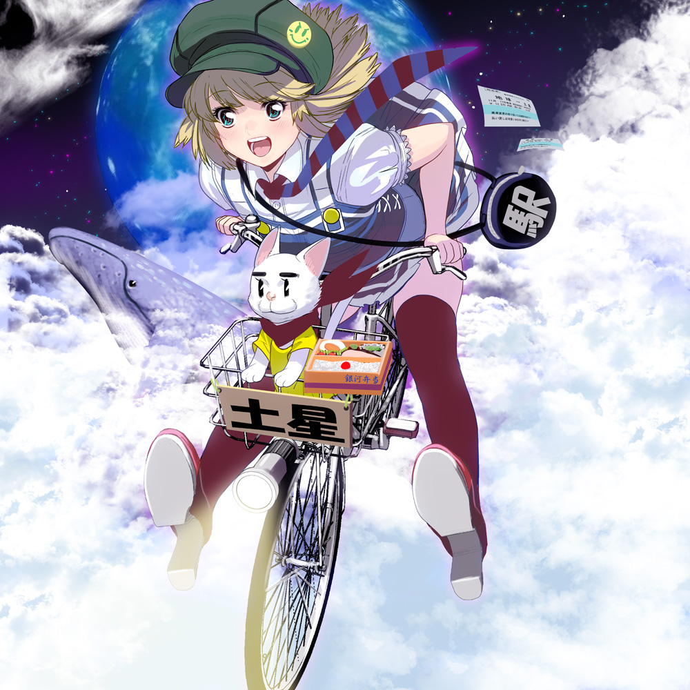 :d badge bag bangs basket bicycle bicycle_basket blonde_hair blush button_badge cabbie_hat cat cloud floating_hair flying flying_whale green_eyes ground_vehicle hat holding in_basket light long_hair looking_at_viewer masao necktie obentou open_mouth original paper planet red_legwear riding short_sleeves shoulder_bag skirt smile smiley_face solo space striped striped_neckwear thighhighs translated whale wing_collar
