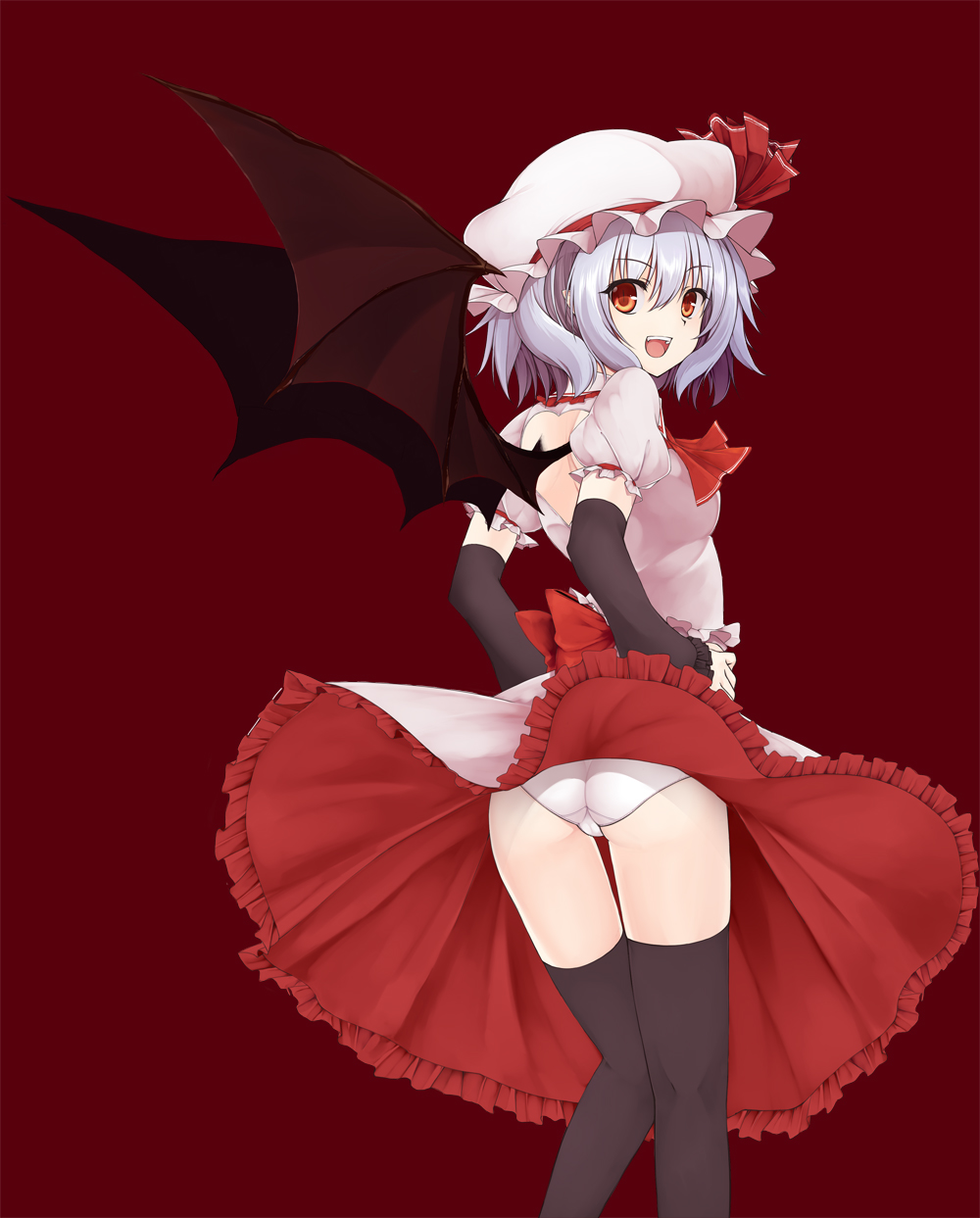 :d ass back_cutout bat_wings black_legwear blue_hair detached_sleeves from_behind hat hat_ribbon heart_cutout highres looking_at_viewer looking_back open_mouth panties red_background red_eyes remilia_scarlet ribbon simple_background skirt smile solo thighhighs touhou trefoil underwear utakata_(kochou_no_yume) white_panties wind wind_lift wings