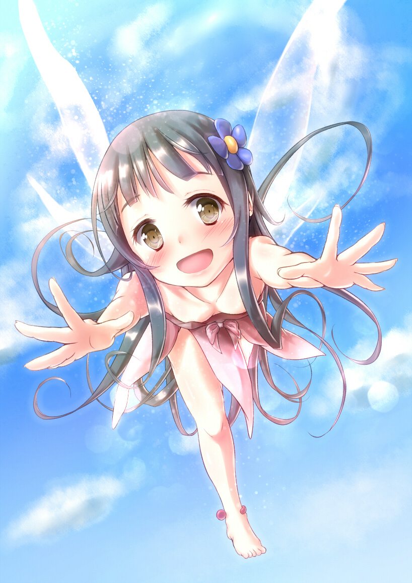 :d asahi_(ge_nyu) barefoot black_hair blush brown_eyes collarbone fairy fairy_wings flower hair_flower hair_ornament long_hair looking_at_viewer open_mouth outstretched_arms smile solo sword_art_online wings yui_(sao) yui_(sao-alo)